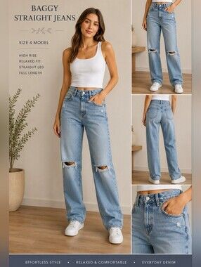 wild fable Light Blue Mid-Rise Straight Leg EasyRidge Jeans W/Distressing Size 4